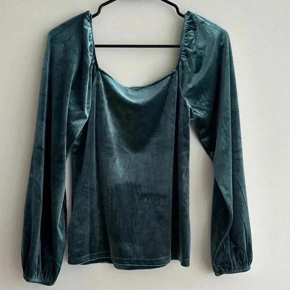 GAP Velvet Square Neck Puff Sleeve Blouse, Teal, Size Small - Picture 14 of 16
